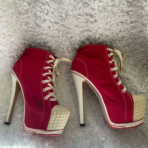 Zigi Girl Salute Red canvas lace up ankle hidden platform heels beige trimsSZ8.5 - Picture 4 of 12